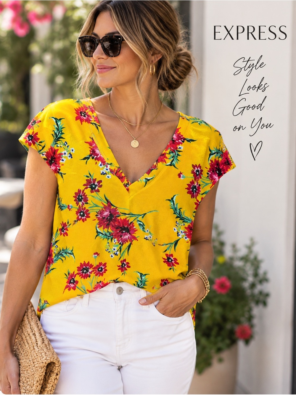 Express Floral V-Neck Top – Size Medium